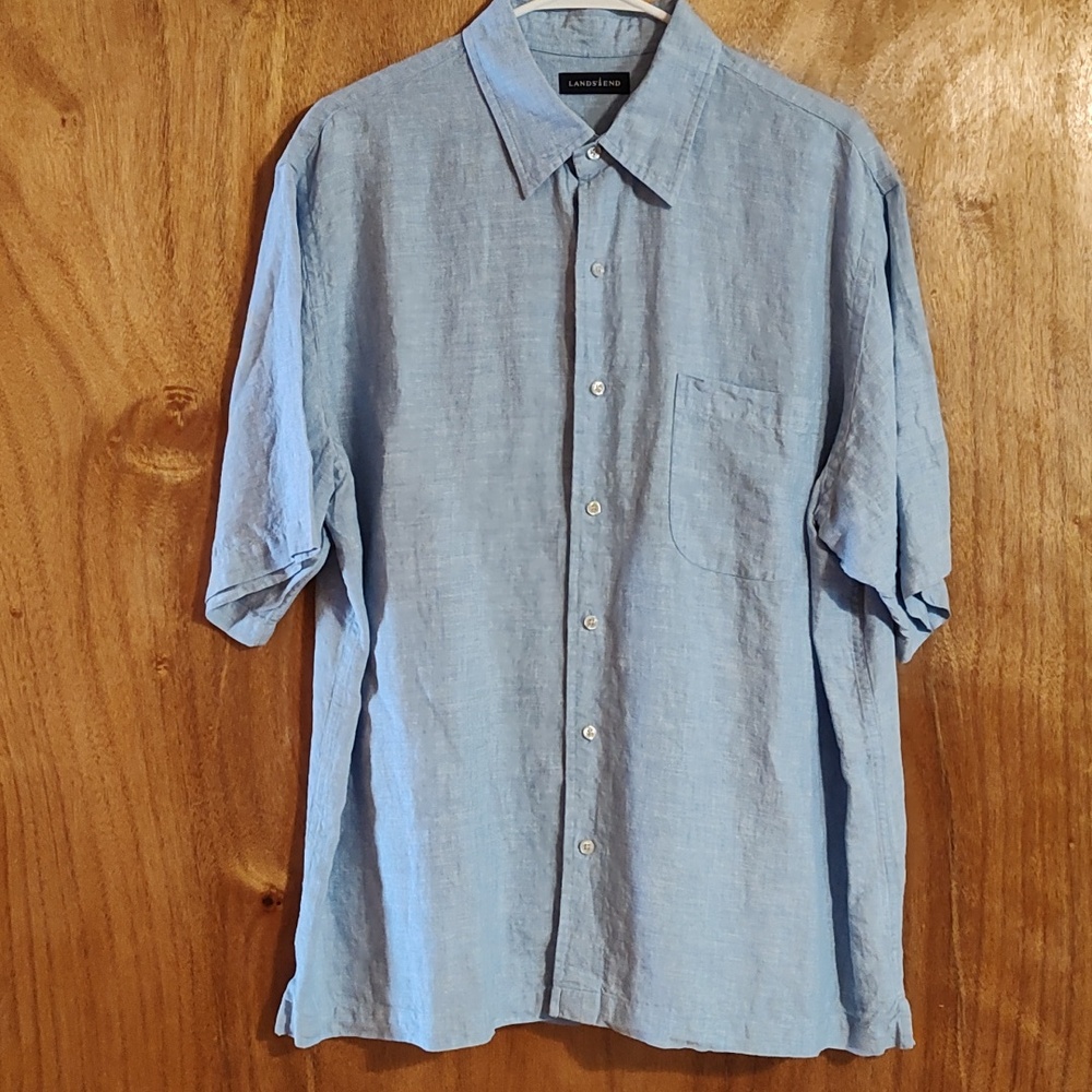 Lands' End Mens Linen Button-Up Shirt Sky Blue Short Sleeve Beach Summer Size XL